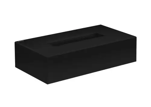 Schwarze Kosmetiktuchbox von AXOR. Rechteckige Form mit einer Öffnung an der Oberseite zum Herausnehmen von Tüchern. Minimalistisches Design ohne weitere Verzierungen.